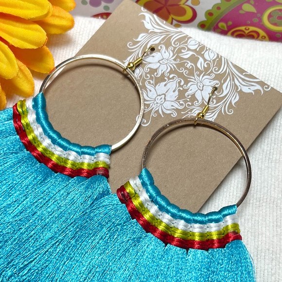 Large Fan Tassel Earrings Blue Hoops Long Smooth Silky Fringe Drop Dangles NWT - Picture 3 of 5
